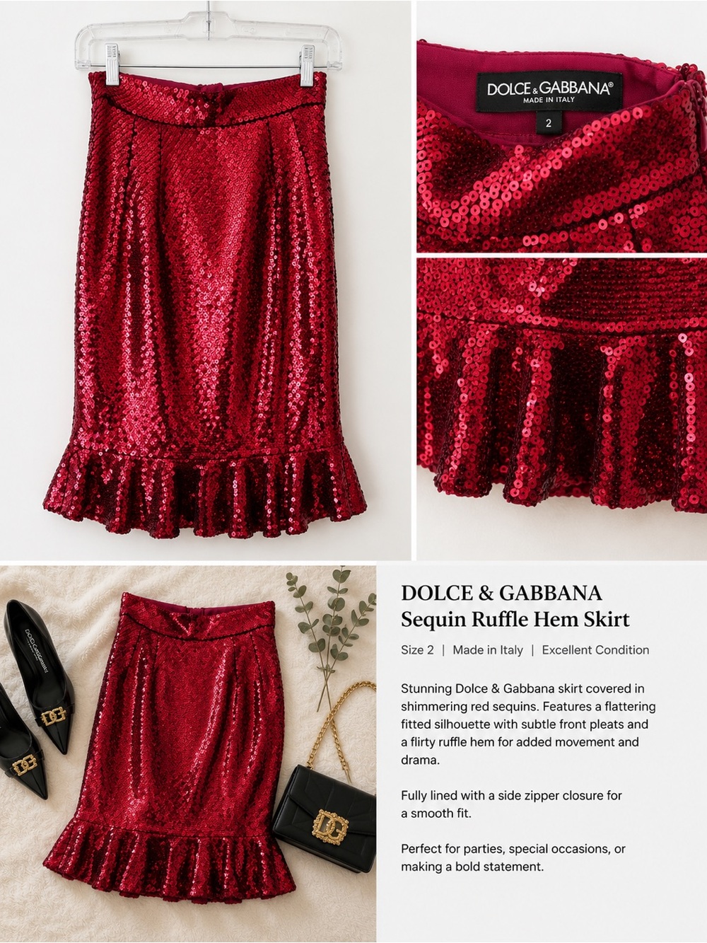 Dolce & Gabbana Red Sequin Ruffle-Hem Pencil Skirt